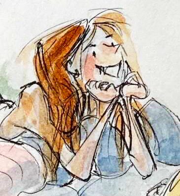 A sketch of Kendra with orange hair and a happy smile.